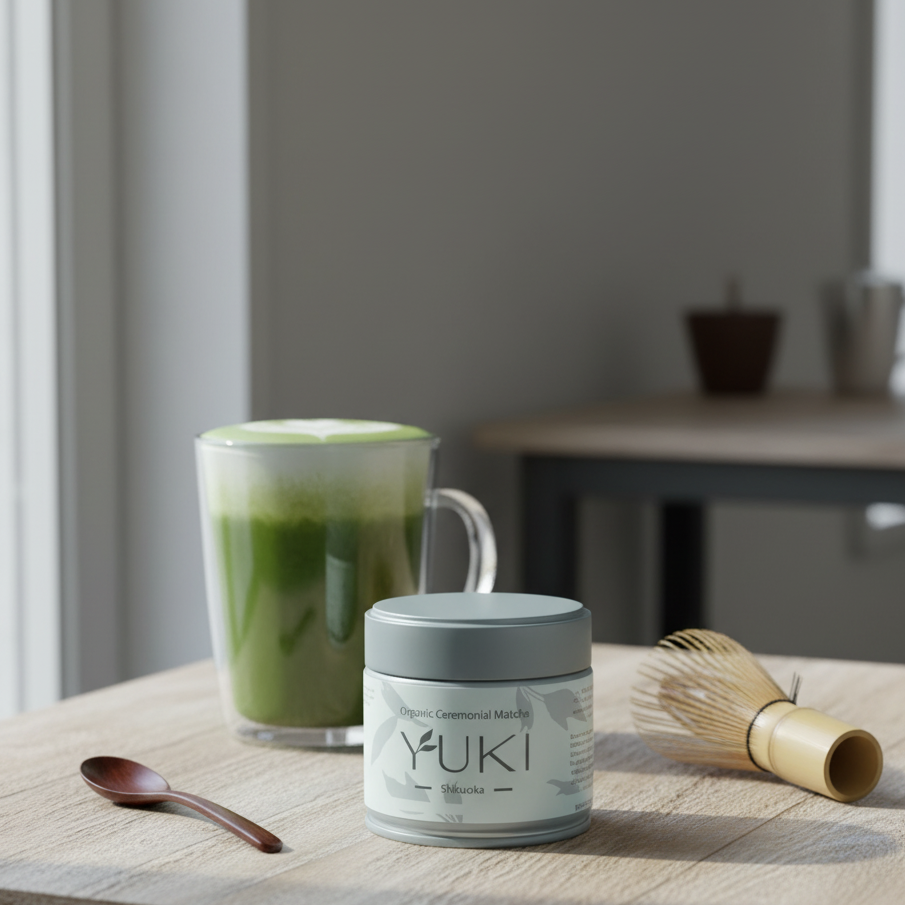 YUKI matcha powder canister with a glass of matcha and tools on a wooden surface.